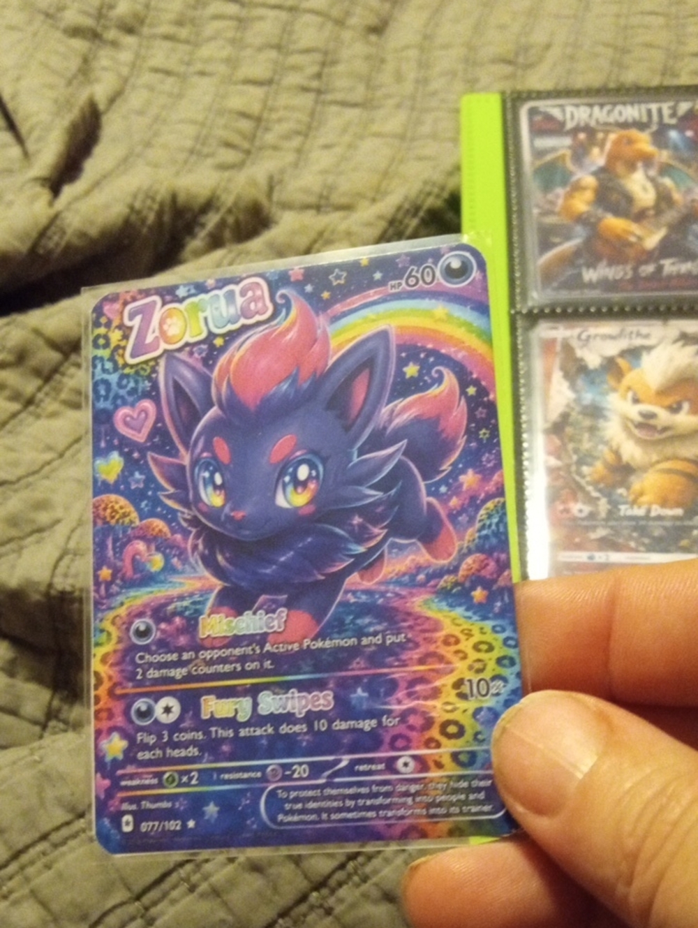 Pokemon Zorua Card - Purple, Pink, Blue Rainbow Art